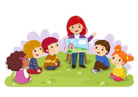 93876714 teacher telling a story to nursery children in the garden