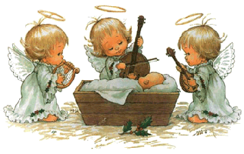 Aniołki grają na instrumentach i śpiewają kolędy